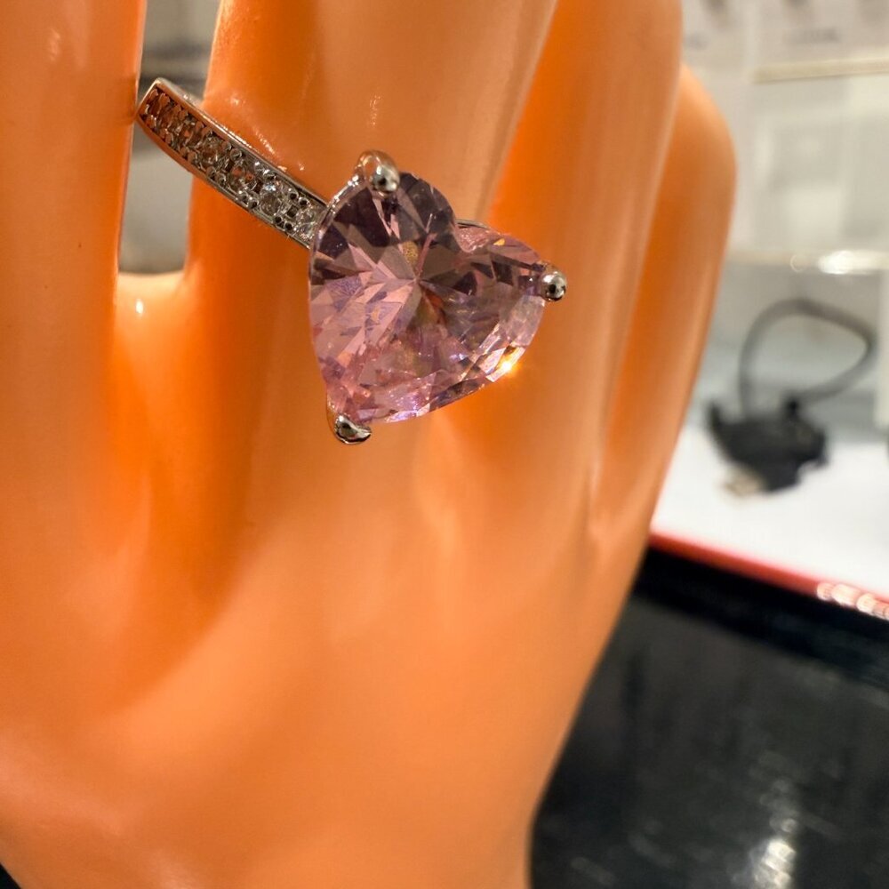 Heart Cut Pink Cubic Zirconia Ring With Accents In Silver Tone 7 - Picture 10 of 12